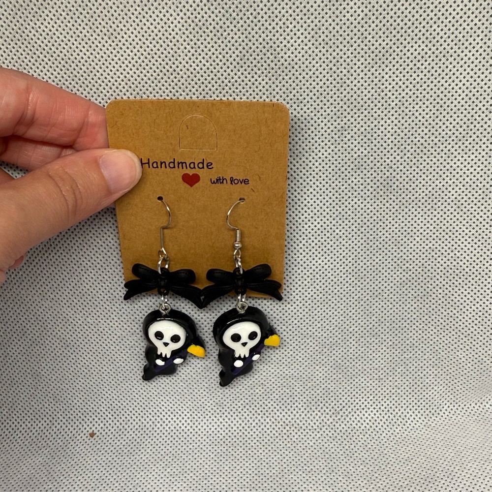 Handmade Bow Grim Reaper Earrings